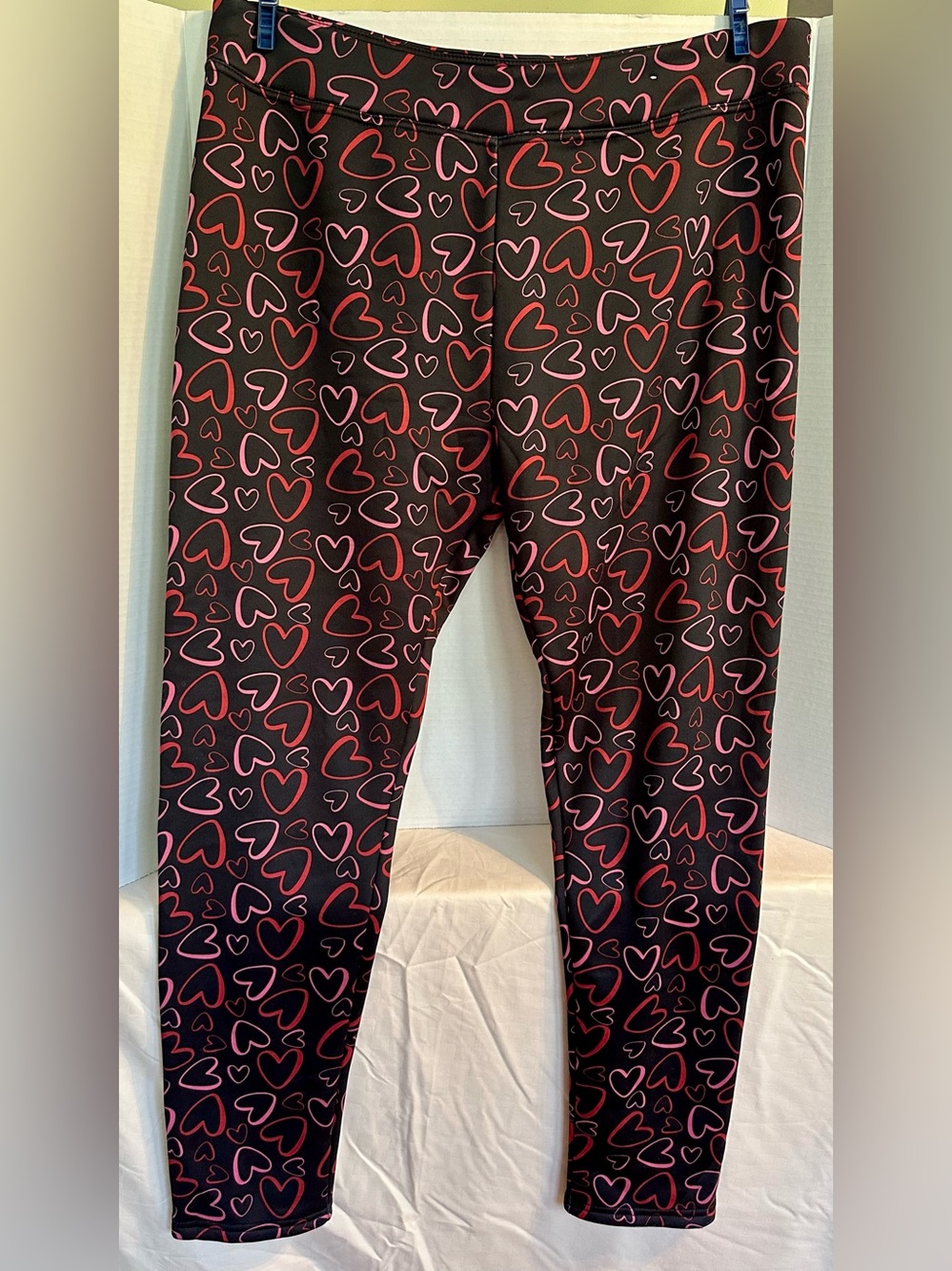Serra Fleece Lined Black Leggings with Pink & Red Heart Pattern